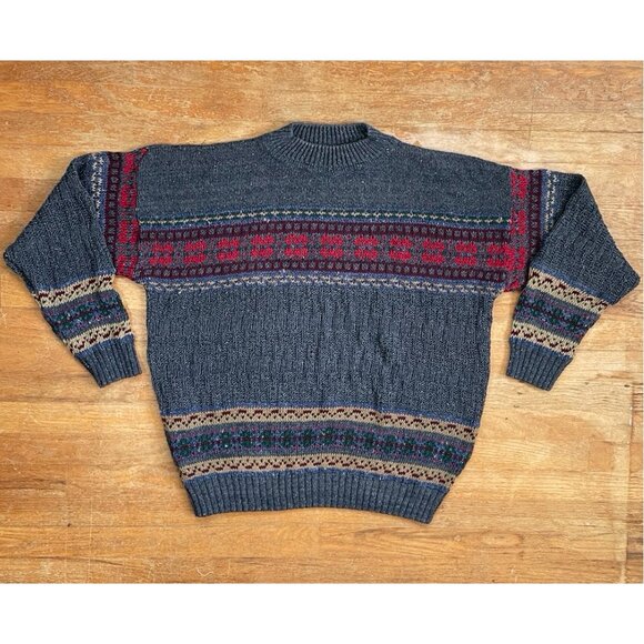 Vintage Mens Nordic Sweater Size Large/XL 90s Knit Cotton Fair Isle Crew Neck - Picture 1 of 4